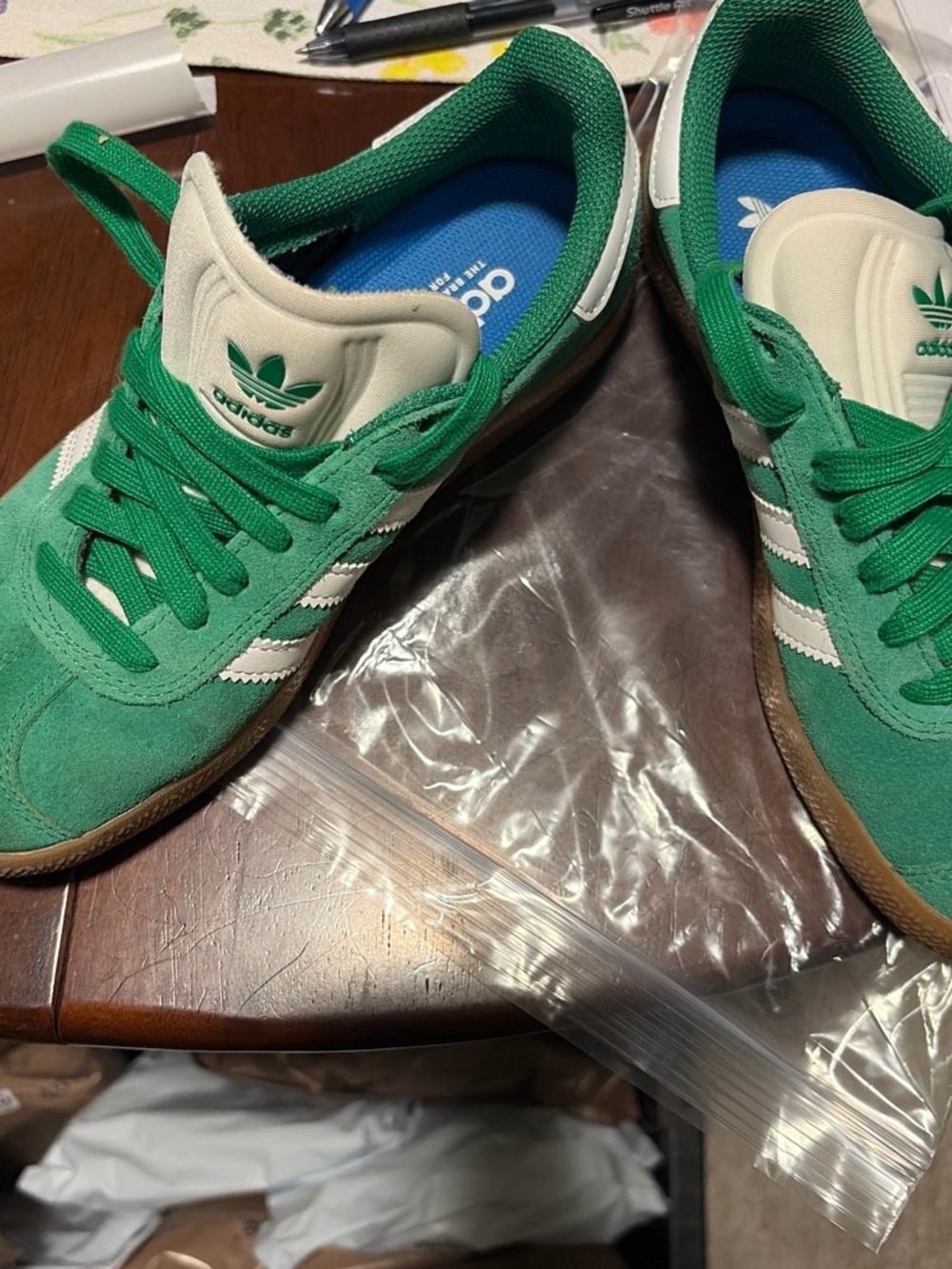 adidas Kids Green Suede Sneakers with White Stripes